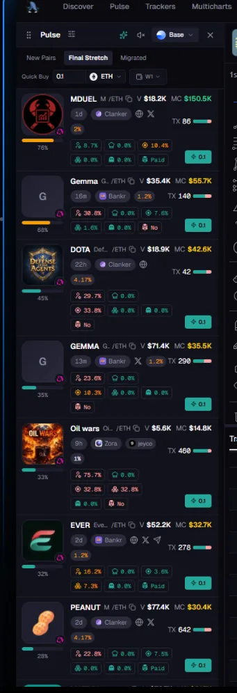 The Pulse rail listing token pairs with volume, market cap, holder percentages, launch platform badges and a quick-buy control on each row