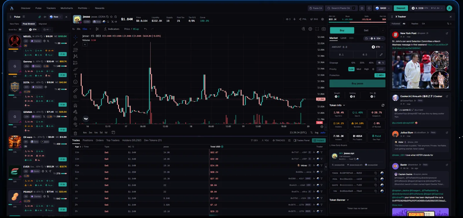 The BasedBot web terminal: a Pulse discovery rail on the left, a price chart and trades table in the centre, and an order panel with token statistics on the right