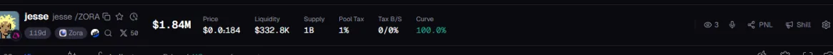 Token header row showing market cap, price, liquidity, supply, pool tax, buy and sell tax and bonding curve progress