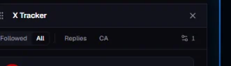 The X Tracker panel header with followed, all, replies and contract address tabs