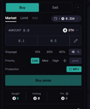 Order panel with buy and sell tabs, market limit and advanced order types, amount presets, slippage, priority fee and MEV protection